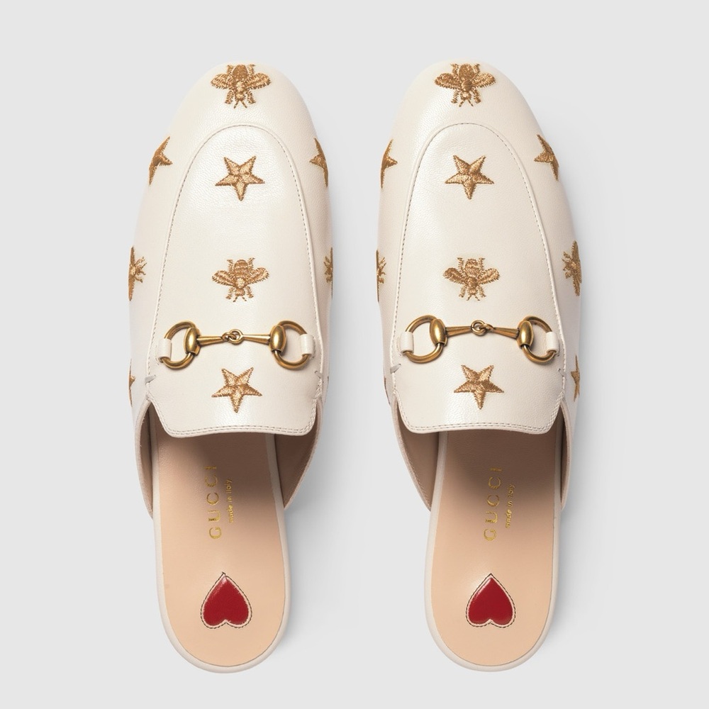 Gucci Women's Cream Loafers with Gold Embroidery